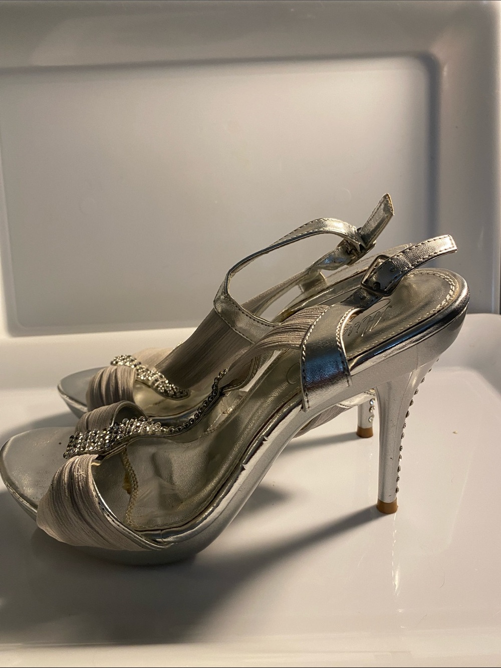 Michaelangelo Silver and Beige Rhinestone T-Strap Heels